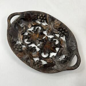 Antique German Hand Carved Black Forest Leaf Berry Wood Bowl 12x8 Vtg Artisan